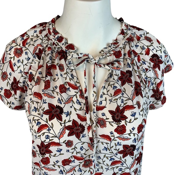 LOFT Round Ruffle Keyhole Tie Neck Floral Blouse- S - Picture 2 of 9
